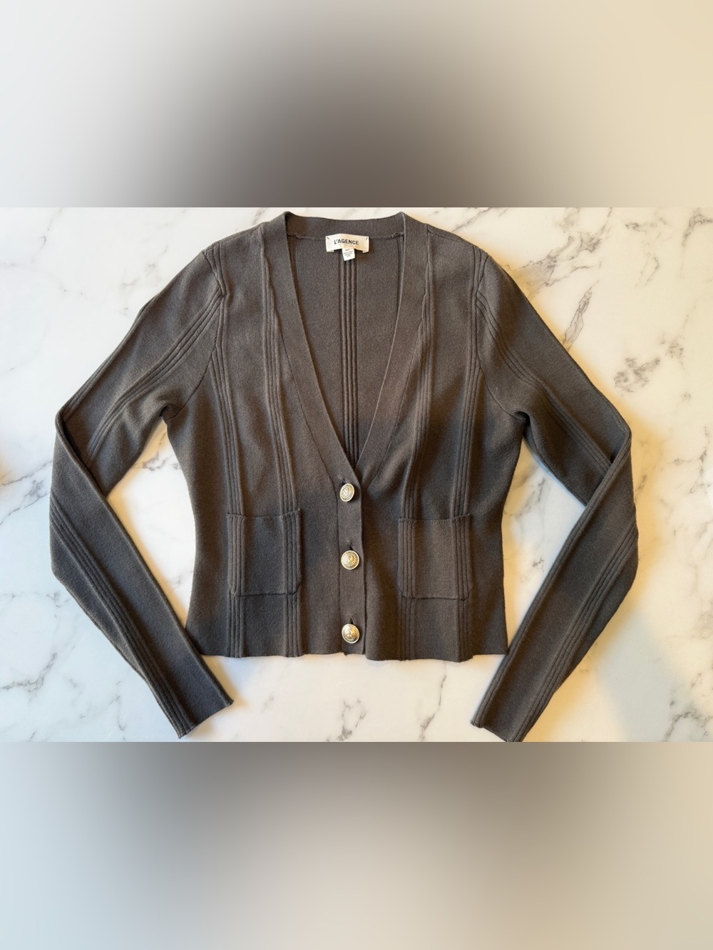 L'AGENCE Jamie Cropped Cardigan | Heathered Army Green | Size XS